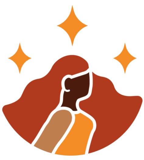 Ícone do "Jornada Delas" , representando o projeto "Mulheres Protagonistas" - Ilustração de mulher com cabelo ondulado vermelho e três estrelas amarelas em cima