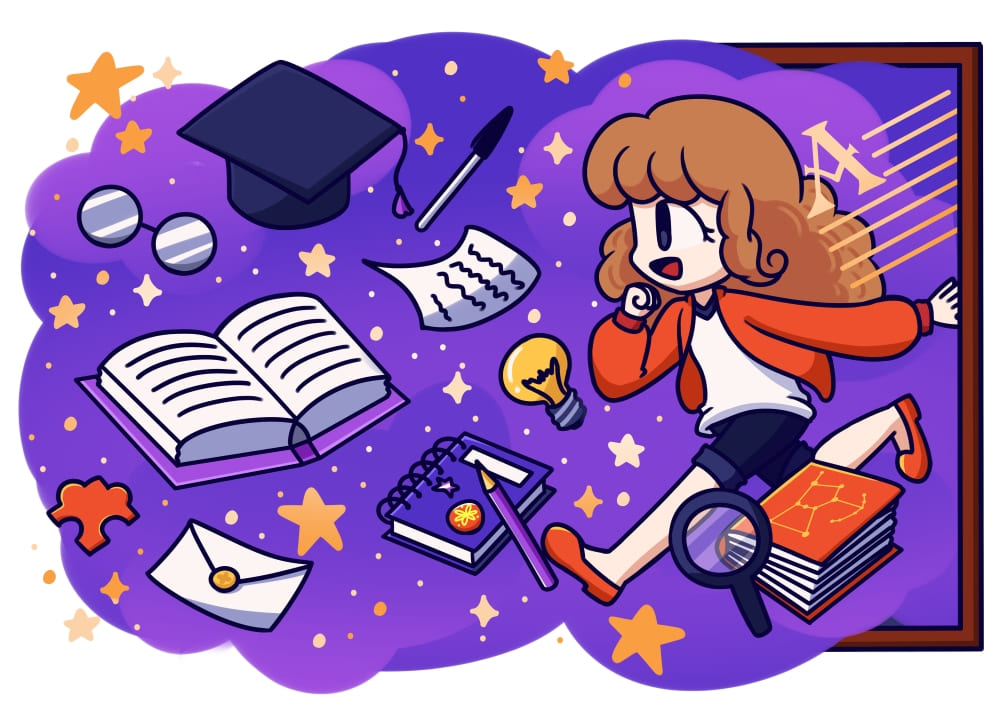 Ilustração da Univale Editora, com garota ruiva correndo em fundo roxo entre livros abertos, óculos e capelo, representando a importância do parecerista